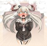  amatsukaze_(kantai_collection) blush commentary_request dress embarrassed fangs garter_straps head_steam highres kantai_collection long_hair open_mouth ryuun_(stiil) sailor_dress see-through silver_hair smoke smokestack surprised two_side_up windsock yellow_eyes 