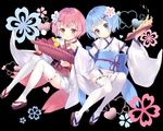  black_background blue_eyes blue_flower blue_hair blue_ribbon detached_sleeves flower full_body hair_flower hair_ornament head_tilt highres japanese_clothes kimono looking_at_viewer multiple_girls obi pink_flower pink_hair pink_ribbon ram_(re:zero) re:zero_kara_hajimeru_isekai_seikatsu red_eyes rem_(re:zero) ribbon ribbon-trimmed_thighhighs rozer sash short_hair short_kimono short_sleeves siblings simple_background sisters smile thighhighs twins white_kimono white_legwear younger 