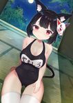  animal_ears arm_support ass_visible_through_thighs azur_lane bangs bare_shoulders bell black_hair blush breasts cameltoe cat_tail cleavage clothes_writing collarbone dutch_angle fang fox_ears fox_mask highres large_breasts looking_at_viewer mask night one-piece_swimsuit red_eyes school_swimsuit short_eyebrows short_hair sitting smile solo swimsuit tail tail_bell thick_thighs thigh_gap thighhighs thighs white_legwear yamashiro_(azur_lane) yayoichi_(yoruyoru108) 