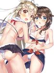  :d :o ass ass_visible_through_thighs back bangs bikini_skirt black_skirt blonde_hair blue_eyes blush braid breasts brown_hair chestnut_mouth cleavage hair_flaps hair_ornament hair_over_shoulder hair_ribbon hairclip halterneck highres kantai_collection long_hair looking_at_viewer looking_back medium_breasts multiple_girls navel open_mouth red_eyes remodel_(kantai_collection) ribbon sarong scarf shigure_(kantai_collection) sideboob single_braid skirt skirt_lift smile v-shaped_eyebrows very_long_hair wardrobe_malfunction wind wind_lift yayoichi_(yoruyoru108) yuudachi_(kantai_collection) 