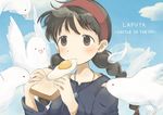  1girl absurdres bad_id bad_pixiv_id bangs beak bird blue_dress blue_sky blush braid brown_eyes brown_hair cloud commentary_request copyright_name day dove dress eating eyebrows_visible_through_hair feathers food fried_egg hair_tie hairband highres holding holding_food jewelry long_hair pendant red_hairband sheeta sky solo sunny_side_up_egg tareme tenkuu_no_shiro_laputa toast twin_braids upper_body yuno_(suke_yuno) 