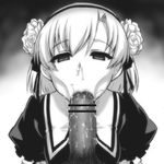  1boy 1girl :&gt;= censored cum cum_in_nose erection fellatio henriette_mystere looking_at_viewer male_pubic_hair monochrome penis pov pov_eye_contact saliva simple_background snot stray_pubic_hair tantei_opera_milky_holmes to-gnaniwa 