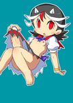  1girl aqua_background arm_support barefoot black_hair bracelet breasts erection futanari gomi_ichigo kijin_seija large_penis looking_at_viewer navel nipples no_panties open_mouth outline penis penis_grab red_eyes short_hair simple_background small_breasts solo touhou veins veiny_penis white_outline 