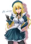  alternate_costume apron ascot atago_(kantai_collection) beret black_gloves blonde_hair blue_eyes blue_skirt blush breasts commentary_request eyebrows_visible_through_hair eyes_visible_through_hair gloves hair_between_eyes hand_on_hip hand_up hat kantai_collection large_breasts long_hair looking_at_viewer maid_apron mizuya_chiharu open_mouth pantyhose pleated_skirt sketch skirt smile wavy_hair 