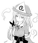  bangs bow breasts bug butterfly butterfly_on_finger eyebrows_visible_through_hair greyscale hat insect large_breasts looking_at_hand mob_cap monochrome neck_ribbon ribbon saigyouji_yuyuko short_hair smile taurine_8000mg touhou triangular_headpiece wide_sleeves 