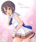  :d bangs bare_arms black_eyes blue_bow blue_ribbon blush bow brown_eyes commentary_request cowboy_shot dress eyebrows_visible_through_hair frilled_dress frilled_sleeves frills hair_ornament happy_birthday heart idolmaster idolmaster_cinderella_girls idolmaster_cinderella_girls_starlight_stage kaiware-san leaning_forward looking_at_viewer looking_to_the_side open_mouth otokura_yuuki ribbon sailor_dress short_hair signature sleeveless sleeveless_dress smile solo standing striped striped_bow striped_ribbon tareme white_dress wrist_cuffs 