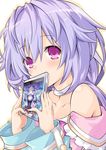 bangs bare_shoulders blush braid breasts cleavage collarbone dress eyebrows_visible_through_hair hair_ornament hands_together iwasi-r kami_jigen_game_neptune_v long_hair looking_at_viewer neptune_(series) purple_hair pururut red_eyes simple_background small_breasts smile solo upper_body white_background wide_sleeves 