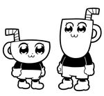  30s :3 bkub closed_mouth cup cuphead cuphead_(game) dot_nose drinking_straw fusion gloves greyscale looking_at_another monochrome mug mugman multiple_boys oldschool pipimi poptepipic popuko shoes shorts simple_background standing white_background 