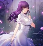  absurdres ass bangs blurry blurry_background blush breasts closed_mouth covered_nipples cowboy_shot dress eyebrows_visible_through_hair fate/stay_night fate_(series) hair_ribbon highres light long_hair looking_at_viewer matou_sakura medium_breasts niko_(tama) no_pupils petals plant purple_eyes purple_hair red_skirt ribbon short_sleeves skirt smile solo standing tareme twisted_torso white_dress 