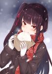  bangs baozi black_coat blunt_bangs blush breath coat coffeedog commentary_request eating enpera food girls_frontline gloves hair_ribbon highres holding holding_food long_hair long_sleeves looking_at_viewer motion_blur one_side_up outdoors purple_hair red_eyes red_ribbon red_scarf ribbon scarf smile snowing solo tsurime upper_body very_long_hair wa2000_(girls_frontline) white_gloves winter winter_clothes winter_coat wrapper 