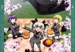  :d absurdres anchovy anzio_military_uniform black_legwear black_neckwear black_ribbon black_shirt blonde_hair brown_eyes calendar_(medium) carpaccio carro_armato_p40 cherry_blossoms day drill_hair eating eyebrows_visible_through_hair food from_above girls_und_panzer green_eyes grey_hair grey_jacket grey_pants grey_skirt ground_vehicle hair_between_eyes hair_ribbon hand_on_hip highres holding holding_food indian_style jacket kneeling long_hair looking_up military military_uniform military_vehicle motor_vehicle multiple_girls open_mouth outdoors pants pepperoni_(girls_und_panzer) pizza purple_hair red_eyes ribbon shirt sitting skirt smile standing tank twin_drills uniform 