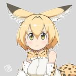  :3 animal_ears artist_logo bare_shoulders belt blonde_hair bow bowieknife bowtie commentary_request crossed_arms elbow_gloves extra_ears eyebrows_visible_through_hair gloves grey_background hair_between_eyes kemono_friends lying on_stomach print_gloves print_neckwear serval_(kemono_friends) serval_ears serval_print shirt short_hair sleeveless solo white_shirt yellow_eyes 