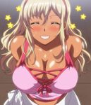  arms_behind_back baka_dakedo_chinchin_shaburu_no_dake_wa_jouzu_na_chii-chan blonde_hair blush breasts cleavage closed_eyes covered_nipples dark_skin grin hairband hamashima_shigeo highres large_breasts long_hair shiina_chieri shiny shiny_skin smile solo star sweat 