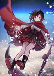  artist_name boots cape commentary_request crescent_rose ecru night petticoat red_hair ruby_rose rwby silver_eyes sky snowing solo star_(sky) starry_sky 