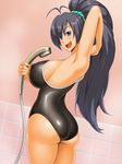 1girl alone antenna_hair ass back bathroom big_hair black_hair blue_eyes breasts erect_nipples fang female hips huge_breasts idolmaster kawanuma_uotsuri long_hair looking_at_viewer looking_back open_mouth ponytail shower sideboob smile solo standing swimsuit tagme thick_thighs thighs 