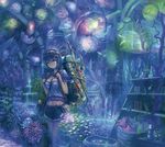  aquarium backpack bag bare_tree blue blue_eyes blue_hair book bookshelf capelet cube fish flower grass head_tilt indoors jellyfish light_smile midriff navel original plant potion potted_plant short_hair shorts shoulder_bag solo surreal tree water yoshiku_(oden-usagi) 