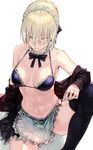  apron artoria_pendragon_(all) artoria_pendragon_(swimsuit_rider_alter) bare_shoulders bikini black_bikini black_legwear blonde_hair breasts closed_mouth fate/grand_order fate_(series) hair_between_eyes highres long_sleeves maid_bikini maid_headdress medium_breasts navel off_shoulder ryono_mizuki short_hair simple_background sitting smile spread_legs swimsuit thighhighs waist_apron white_background yellow_eyes 