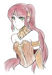  1girl blush choker chuu green_eyes headdress long_hair pyrrha_nikos red_hair rwby sketch smile solo sora_(efr) tied_hair 