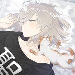  ahoge bags_under_eyes bangs bed_sheet black_shirt blush cat closed_eyes clothes_writing commentary_request fate/grand_order fate_(series) grey_hair hayashi_kewi jeanne_d'arc_(alter)_(fate) jeanne_d'arc_(fate)_(all) lying on_back on_bed parted_lips pillow shirt short_hair sleeping solo t-shirt 