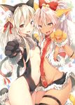  animal_ears bell black_leotard blonde_hair bow breasts cat_ears cat_tail chloe_von_einzbern cropped dark_skin fake_animal_ears fang fate/kaleid_liner_prisma_illya fate_(series) fur_collar fur_trim gloves hair_bell hair_between_eyes hair_bow hair_ornament hair_ribbon highres illyasviel_von_einzbern jingle_bell leotard long_hair looking_at_viewer multiple_girls navel no_panties open_mouth paw_gloves paws pink_hair red_bow red_collar red_eyes red_ribbon ribbon small_breasts smile sune_(mugendai) tail tail_bell tail_ribbon thigh_strap yellow_eyes 
