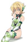  akatsuki_kirika bare_shoulders between_legs blonde_hair blush breasts commentary covered_navel covered_nipples elbow_gloves eyebrows_visible_through_hair gloves green_eyes green_legwear green_leotard hand_between_legs headgear highleg highleg_leotard highres legs_together leotard looking_at_viewer medium_breasts no_hair_ornament open_mouth runawate56 senki_zesshou_symphogear shadow shiny shiny_hair short_hair simple_background sitting smile solo striped striped_legwear thighhighs white_background 
