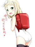  :d aikawa_ryou backpack bag black_legwear blonde_hair commentary_request green_eyes hairband heart highres i-504_(kantai_collection) kantai_collection luigi_torelli_(kantai_collection) one-piece_swimsuit open_mouth randoseru school_swimsuit short_hair simple_background smile solo swimsuit thighhighs translated white_background white_hairband white_school_swimsuit white_swimsuit 