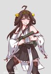  :d ahoge aiming bangs bare_shoulders black_legwear black_skirt blue_eyes blush boots brown_hair commentary disco_brando dress flamethrower frilled_skirt frills grey_background gun headgear highres holding holding_gun holding_weapon japanese_clothes jesus_revenge kantai_collection kongou_(kantai_collection) legs_apart long_hair long_sleeves looking_afar looking_away nontraditional_miko open_mouth pleated_skirt sash simple_background skirt smile solo thigh_boots thighhighs twitter_username weapon white_dress wide_sleeves 