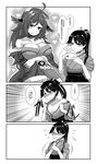  3koma adjusting_clothes ahoge anchor_print azur_lane bangs bare_shoulders blush breast_conscious breasts cellphone cleavage closed_eyes closed_mouth collarbone comic commentary crossover detached_sleeves emphasis_lines eyebrows_visible_through_hair flat_chest flipped_hair floral_print flying_sweatdrops greyscale hair_between_eyes hair_ornament hair_ribbon hakama heart highres holding holding_phone houshou_(azur_lane) houshou_(kantai_collection) imagawa_akira japanese_clothes kantai_collection kimono large_breasts long_hair monochrome multiple_girls namesake off_shoulder phone ponytail ribbon short_kimono sleeveless sleeveless_kimono smartphone smile speech_bubble sweatdrop swept_bangs tasuki translated 