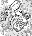  :d bangs breasts clenched_hands commentary_request eyebrows_visible_through_hair greyscale highres himajin_noizu holding hood hood_down hoop jewelry kesa kumoi_ichirin large_breasts looking_at_viewer monochrome no_shoes open_mouth pendant short_hair short_sleeves smile socks touhou unzan v-shaped_eyebrows 