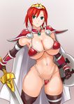  alternate_hairstyle aqua_eyes armor bikini bikini_armor black_gloves black_legwear boudica_(fate/grand_order) breasts cleavage closed_mouth cosplay cowboy_shot detached_collar elbow_gloves elizabeth_bathory_(brave)_(fate) elizabeth_bathory_(brave)_(fate)_(cosplay) elizabeth_bathory_(fate)_(all) eyebrows_visible_through_hair fate/grand_order fate_(series) gloves gradient gradient_background highleg highleg_bikini huge_breasts navel pauldrons red_armor red_hair shield short_hair short_twintails silver_trim simple_background solo swimsuit sword thigh_strap thighhighs thighs twintails vambraces weapon webslinger 
