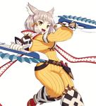  :3 :d animal_ears bangs belt black_belt blunt_bangs bodysuit cat_ears dagger diamond_(shape) dual_wielding fang gloves gonzarez hair_ribbon highres holding holding_weapon hood hood_down knees_together_feet_apart leg_up long_sleeves loose_belt niyah open_mouth ribbed_bodysuit ribbon ribbon-trimmed_clothes ribbon_trim sheath sheathed short_hair silver_hair simple_background smile solo standing standing_on_one_leg tongue tsurime v-shaped_eyebrows weapon white_background white_gloves x_arms xenoblade_(series) xenoblade_2 yellow_bodysuit yellow_eyes yellow_ribbon 