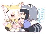  animal_ears black_hair blonde_hair blush bow bowtie brown_eyes common_raccoon_(kemono_friends) fennec_(kemono_friends) fox_ears fox_tail gloves grey_hair kemono_friends multicolored_hair multiple_girls open_mouth pantyhose raccoon_ears raccoon_tail short_hair short_sleeves skirt smile tail translation_request watanon_(gakushokutei) 