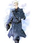  1boy axis_powers_hetalia blonde_hair boots glasses gloves green_eyes hat looking_at_viewer male_focus military_uniform necktie outdoors pants snow snowflakes snowing solo sweden_(hetalia) sword weapon winter 