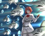  ark_royal_(kantai_collection) blue_eyes bob_cut breasts cleavage commentary drie fate_(series) fingerless_gloves fish gate_of_babylon gloves hairband kantai_collection long_sleeves pantyhose parody red_hair ribbon short_hair small_breasts swordfish tiara 