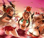  :d aliza_(granblue_fantasy) arm_up armpits arms_up backlighting ball beachball bikini bikini_skirt bracelet braid breasts brown_hair carmelina_(granblue_fantasy) cleavage colored_eyelashes contrapposto cowboy_shot draph flower gene_(gear_gene) granblue_fantasy green_bikini grey_hair hair_flower hair_ornament hair_pulled_back halterneck highres horns jewelry large_breasts long_hair multiple_girls ocean off-shoulder_shirt open_mouth outdoors pointy_ears ponytail red_bikini red_eyes sailor_collar sailor_shirt see-through shirt side-tie_bikini silver_hair smile standing sunset swimsuit thalatha_(granblue_fantasy) twilight twin_braids twisted_torso very_long_hair wading 