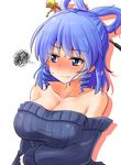  bangs bare_shoulders blue_eyes blue_hair blue_sweater blush breasts cleavage closed_mouth drill_hair eyebrows_visible_through_hair hair_ornament hair_rings hair_stick highres kaku_seiga large_breasts long_hair looking_away looking_to_the_side nose_blush off-shoulder_sweater oshiaki side_drill simple_background solo squiggle sweat sweater touhou twin_drills upper_body white_background 