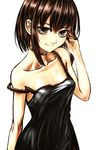  bangs bare_arms bare_shoulders black_choker black_dress blush breasts brown_hair choker closed_mouth collarbone commentary_request dress eyebrows_visible_through_hair grey_eyes hand_in_hair highres kotoba_noriaki looking_at_viewer nightgown off_shoulder original short_hair simple_background small_breasts smile solo upper_body white_background 