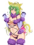  ahoge animal_ears atalanta_(fate) blonde_hair blush breasts cat_ears cosplay dangerous_beast fate/apocrypha fate/grand_order fate_(series) flying_sweatdrops gloves green_eyes green_hair long_hair looking_at_viewer mash_kyrielight mash_kyrielight_(cosplay) medium_breasts multicolored_hair solo tail thighhighs two-tone_hair yuzu_kiro 