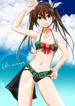  adapted_costume alternate_costume ascot bare_arms bare_legs bare_shoulders blush breasts brown_hair cleavage collarbone commentary_request eyebrows_visible_through_hair eyes_visible_through_hair green_eyes hair_between_eyes hair_ornament hair_ribbon hand_on_hip kantai_collection long_hair looking_at_viewer mizuya_chiharu open_mouth red_ribbon remodel_(kantai_collection) ribbon signature sketch small_breasts smile solo swimsuit tone_(kantai_collection) twintails waving white_ribbon 