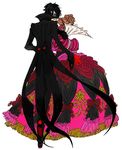  1girl amamiya_ren black_hair brown_hair commentary_request cosplay couple domino_mask dress gloves gown hetero long_coat mask milady_(persona) milady_(persona)_(cosplay) okumura_haru persona persona_5 red_gloves sutei_(giru) traditional_media 