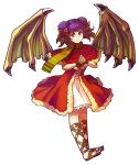  1girl adapted_costume bigglyboof bow capelet closed_mouth dragon_wings dress fire_emblem fire_emblem:_seima_no_kouseki full_body fur_trim hair_bow hands_together highres mamkute multi-tied_hair myrrh nintendo purple_hair red_eyes sandals scarf smile solo twintails wings wristband 