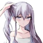  bad_id bad_pixiv_id bangs bare_shoulders blue_eyes blush blush_stickers closed_mouth collarbone collarless_shirt drill_hair ears eyebrows_visible_through_hair hair_between_eyes highres holding holding_hair long_hair looking_at_viewer misteor original out_of_frame purple_hair shirt sketch solo_focus upper_body white_background white_shirt 