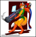  2017 anthro canine claws clothing dipstick_tail doc_nickel female fox gloves_(marking) green_eyes hair halter_top holding_object holding_weapon inner_ear_fluff long_hair looking_at_viewer mammal markings midriff multicolored_tail ponytail red_hair sandy_(the_whiteboard) shorts simple_background smoke socks_(marking) solo the_whiteboard toe_claws weapon webcomic 