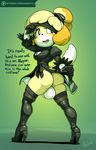  animal_crossing anthro argento big_bulge blindfold boots bulge canine clothed clothing cosplay dialogue dickgirl english_text footwear high_heels intersex isabelle_(animal_crossing) legwear looking_back mammal nier_automata nintendo shoes solo standing stockings text thick_thighs thigh_high_boots thigh_highs underwear video_games yorha_2b 