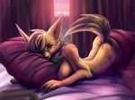  2017 anthro ass_up bed breasts chest_tuft eevee female fur looking_at_viewer lying mammal multicolored_fur nintendo nude on_bed on_front one_eye_closed pillow pok&eacute;mon pok&eacute;mon_(species) pok&eacute;morph seductive side_boob solo solo_focus tuft video_games zeir0 