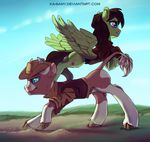  2017 bovine brown_hair cattle clothed clothing cutie_mark day detailed_background digital_media_(artwork) duo eyelashes fan_character feathers female feral green_feathers hair hooves ka-samy mammal my_little_pony outside sky 