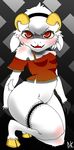  2017 anthro blush bottomless breasts caprine clothed clothing cub desertkaiju digital_media_(artwork) female fur goat hair horn long_ears looking_at_viewer mammal open_mouth red_eyes sheep simple_background smile solo white_fur young 