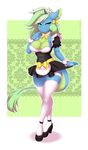  2017 anthro big_breasts bow breasts campfire_(character) cleavage clothed clothing digital_media_(artwork) dragon female green_eyes green_hair hair horn legwear looking_at_viewer maid_uniform multicolored_hair re-sublimity-kun ribbons scalie simple_background skirt smile socks solo standing tongue uniform 