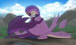  2017 absurd_res ambiguous_gender blue_skin bridge claws cloud creek curved_horn digital_media_(artwork) dragon duo eyes_closed feral folded_wings frill hi_res hug membranous_wings mountain outside purple_scales purple_skin purple_stripes realistic_wings saber_(raevocrei) scales scalie side_view sky smaller_version_at_source smile spikes spread_wings striped_body stripes toe_claws verro water western_dragon white_skin wings yaroul 