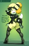  animal_crossing anthro argento blindfold boots canine clothed clothing cosplay dialogue english_text female footwear high_heels isabelle_(animal_crossing) legwear looking_back mammal nier_automata nintendo shoes solo standing stockings text thick_thighs thigh_high_boots thigh_highs underwear video_games yorha_2b 
